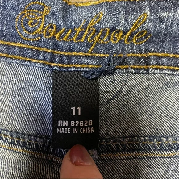 VINTAGE Southpole Jeans Juniors 11 Blue Bootcut Flare Embellished Spellout Y2K - Picture 6 of 12